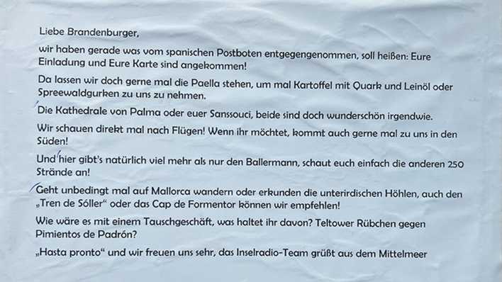 Text auf der Karte von Mallorca, Bild: Antenne Brandenburg Text auf der Karte von Mallorca, Bild: Antenne Brandenburg